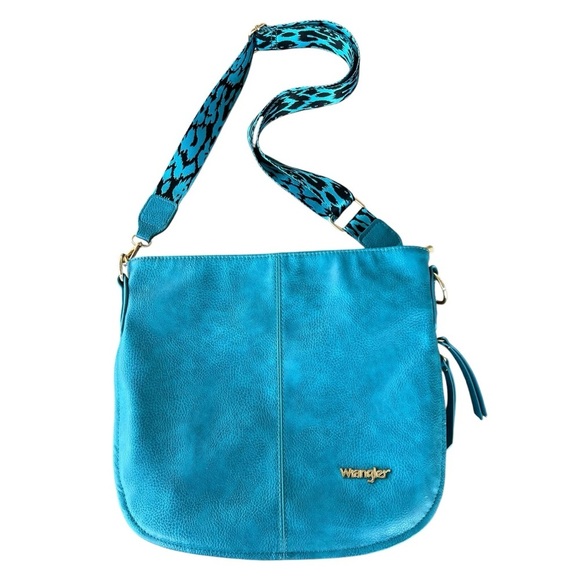 Wrangler Large Pebbled Crossbody Bag Leopard Guitar Strap Turquoise Black 14x12 - Picture 4 of 16